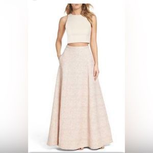 AIDAN MATTOX Blush Pink Metallic Jacquard 2-Pc SET Crop Top + Ball Gown Skirt 8